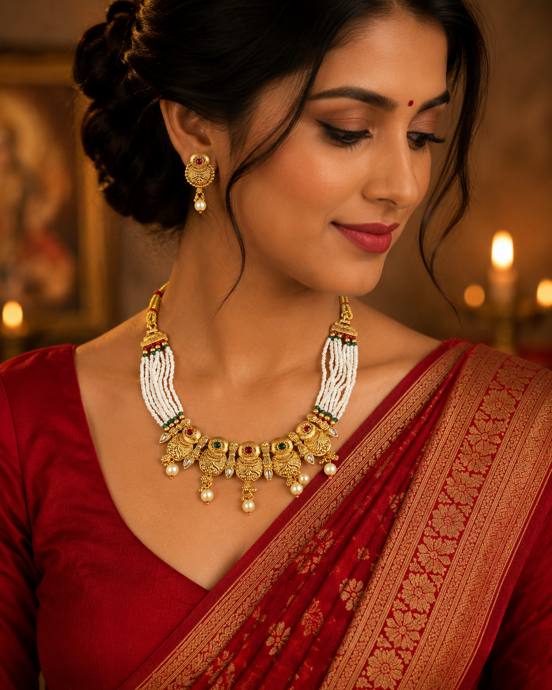 Antique Gold Filigree Necklace Set with Pearl Drops & Multi-Strand White Bead Chain