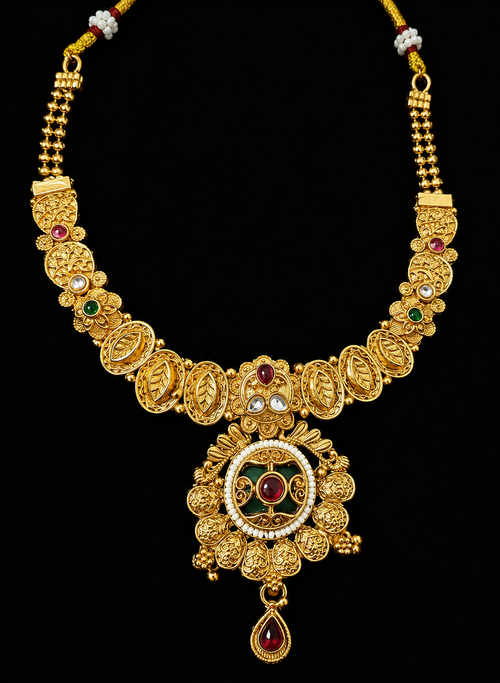 Antique Gold 4-Piece Bridal Jewellery Set – Long Necklace, Maang Tika & Earrings for Women