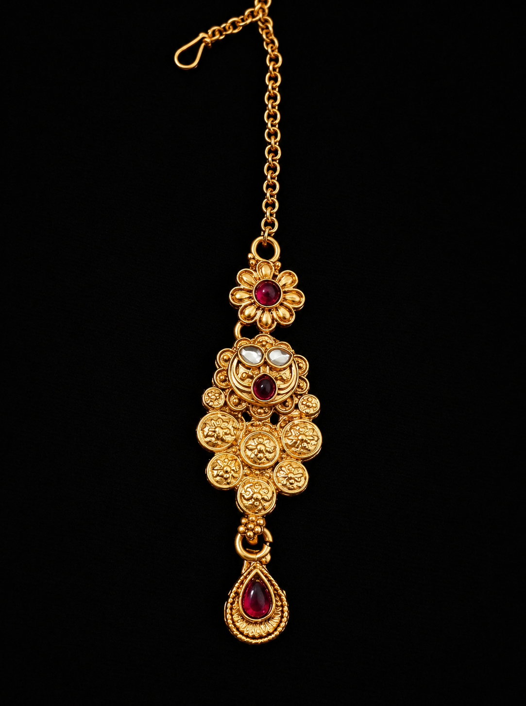 Antique Gold 4-Piece Bridal Jewellery Set – Long Necklace, Maang Tika & Earrings for Women
