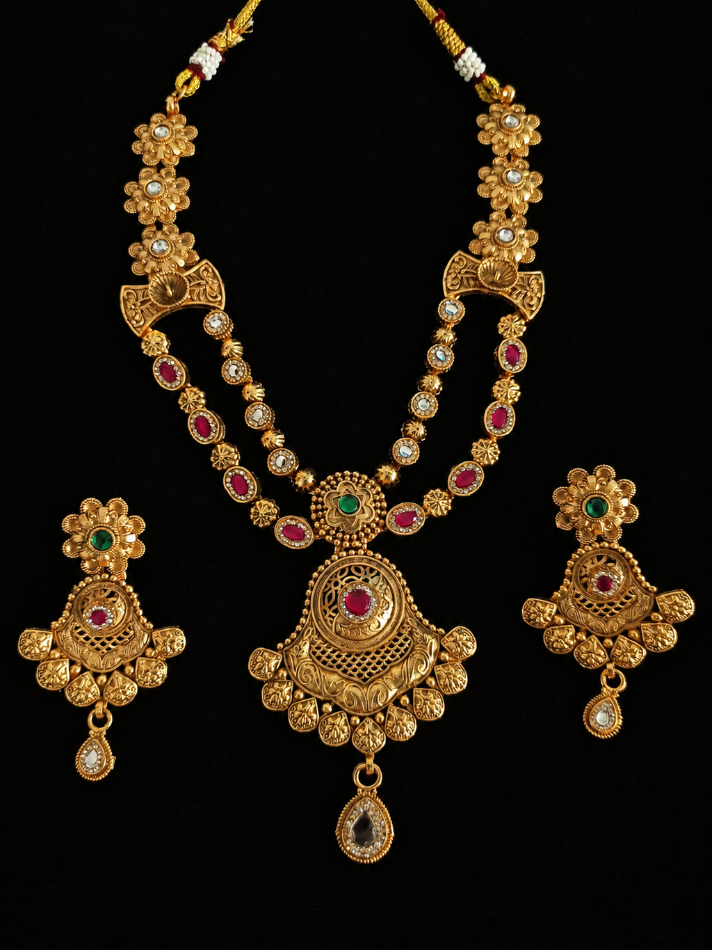 Antique Gold Double Strand Bridal Necklace Set with Chandbali Earrings – Ruby, Emerald & Polki Stone Jewellery for Women