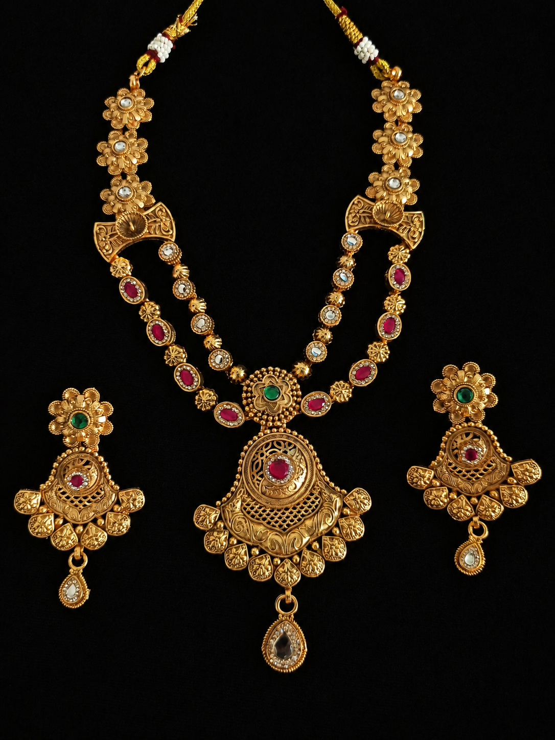 Antique Gold Double Strand Bridal Necklace Set with Chandbali Earrings – Ruby, Emerald & Polki Stone Jewellery for Women