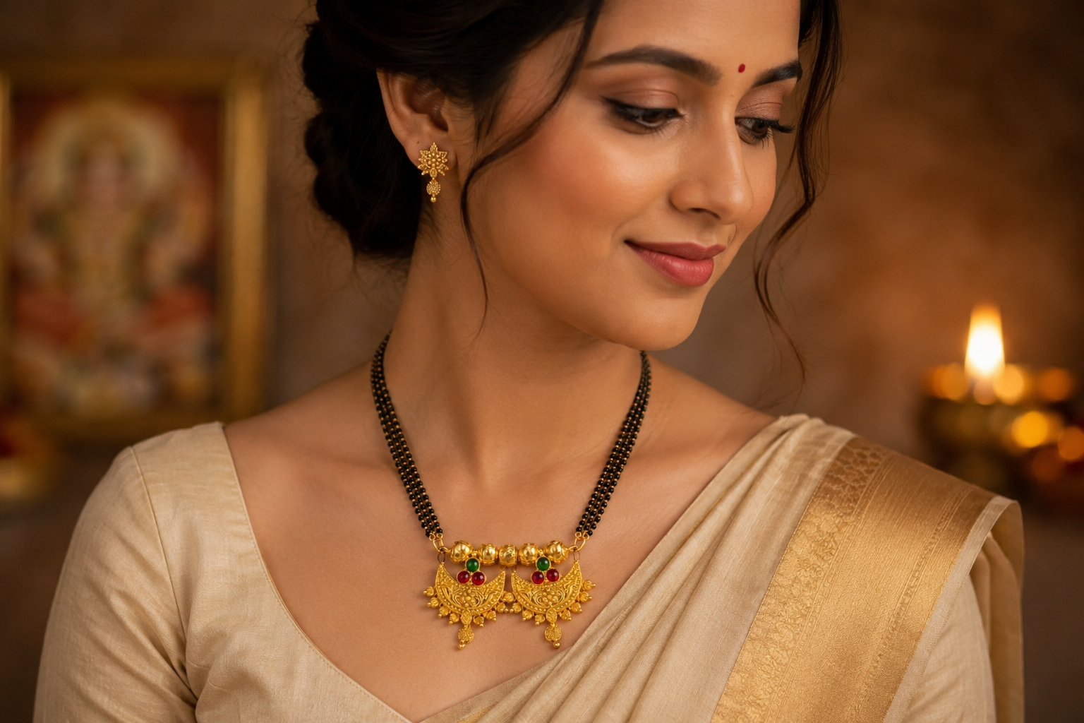 Antique Gold Double Crescent Mangalsutra with Ruby & Emerald colour Stones