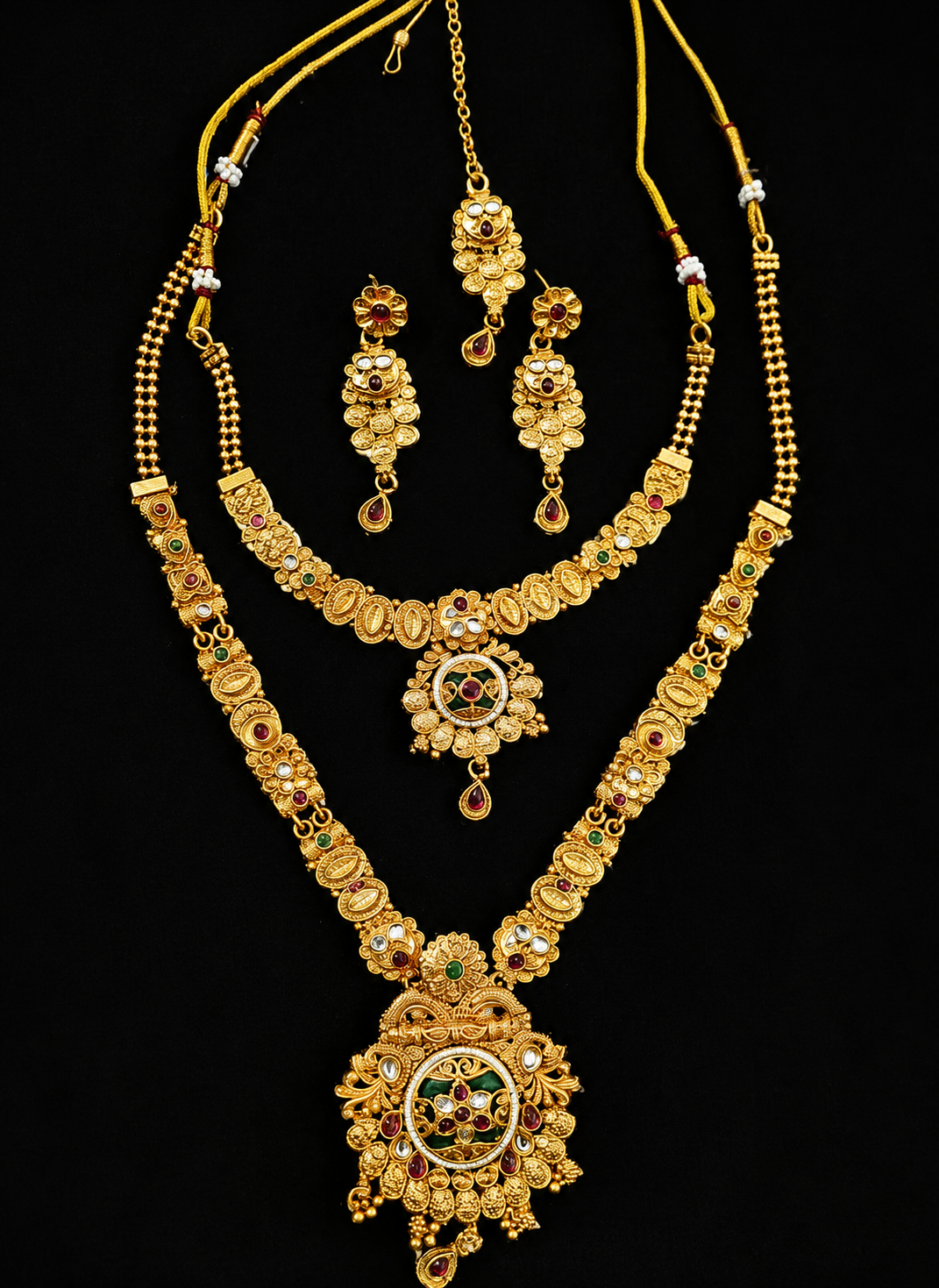 Antique Gold 4-Piece Bridal Jewellery Set – Long Necklace, Maang Tika & Earrings for Women