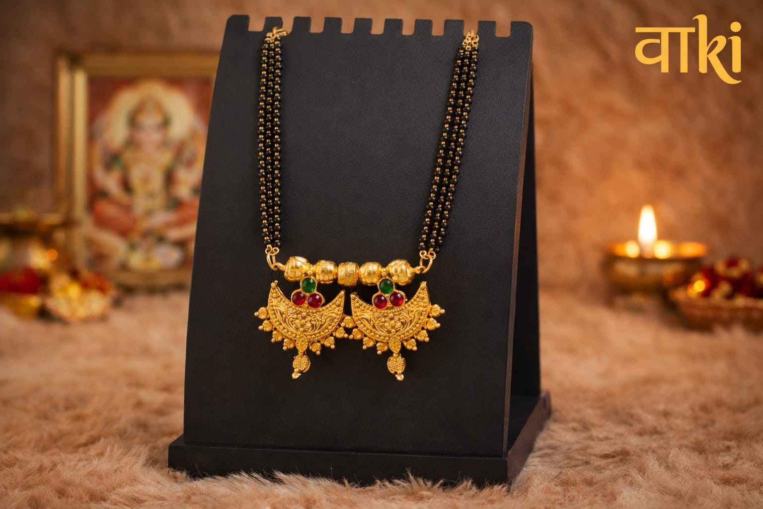 Antique Gold Double Crescent Mangalsutra with Ruby & Emerald colour Stones
