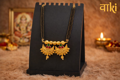 Antique Gold Double Crescent Mangalsutra with Ruby & Emerald colour Stones