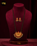 Double Strand Black Bead Mangalsutra with Ruby & Pearl Fan Pendant and Matching Earrings for Women