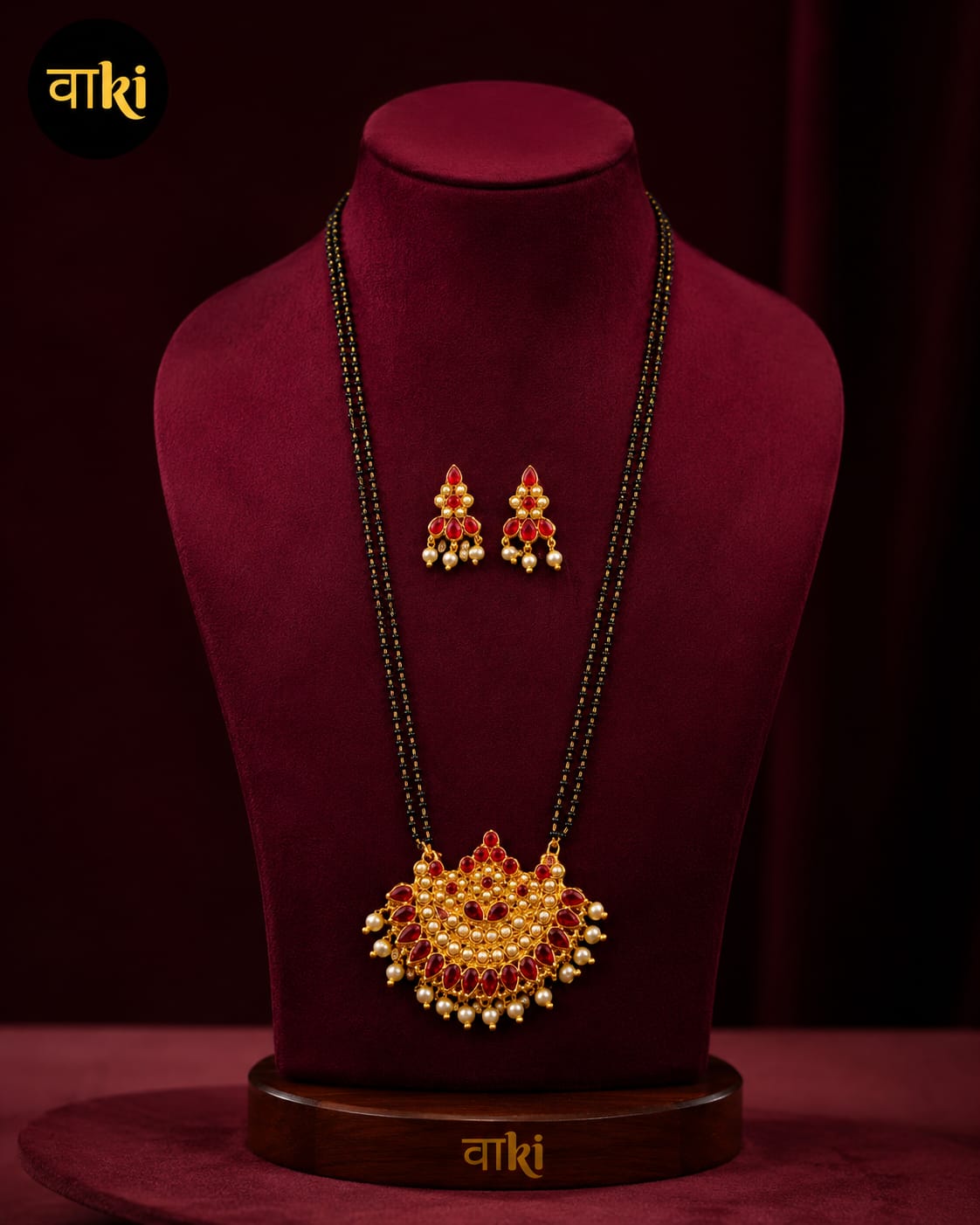 Double Strand Black Bead Mangalsutra with Ruby & Pearl Fan Pendant and Matching Earrings for Women