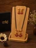 Double Strand Black Bead Mangalsutra with Gold Filigree Fan Pendant, Ruby Bead Drops & Matching Earrings for Women