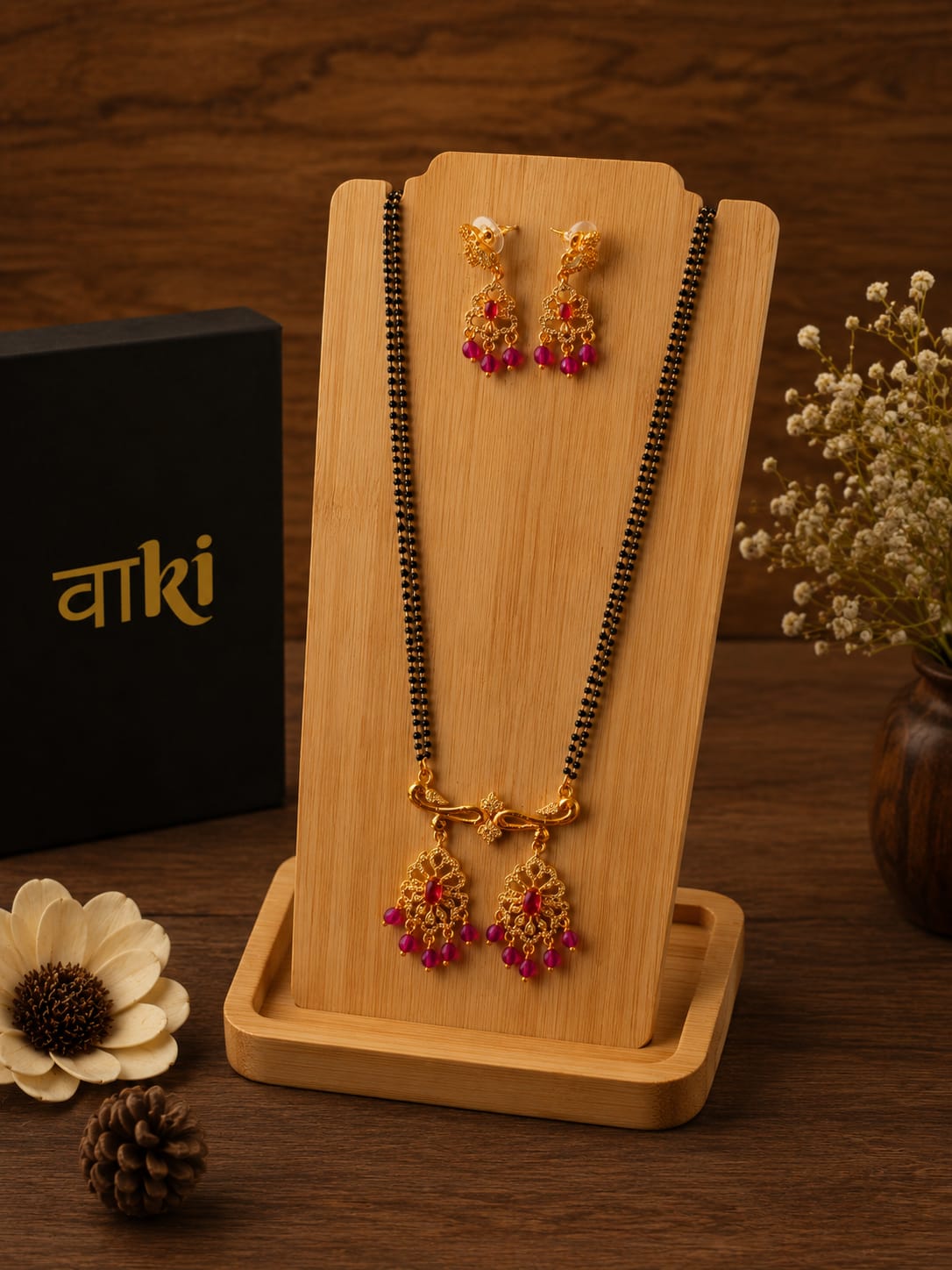 Double Strand Black Bead Mangalsutra with Gold Filigree Fan Pendant, Ruby Bead Drops & Matching Earrings for Women