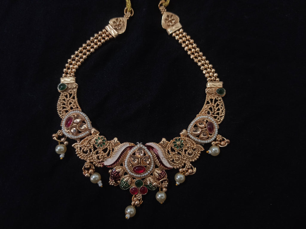Traditional South Indian 2-Piece Jewellery Set – Earrings & Maang Tika with Floral Long Chain & Pearl Drops