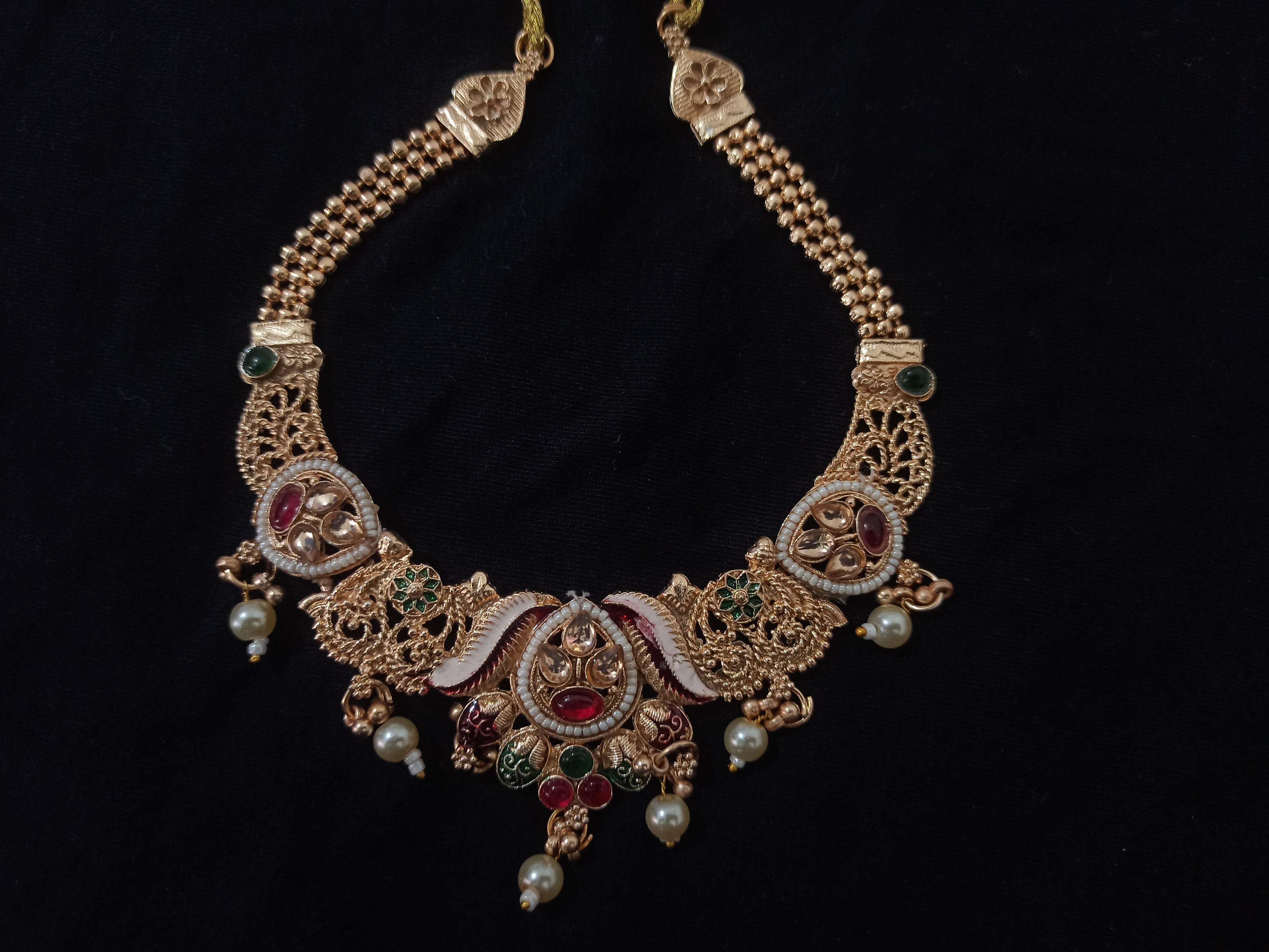 Traditional South Indian 2-Piece Jewellery Set – Earrings & Maang Tika with Floral Long Chain & Pearl Drops