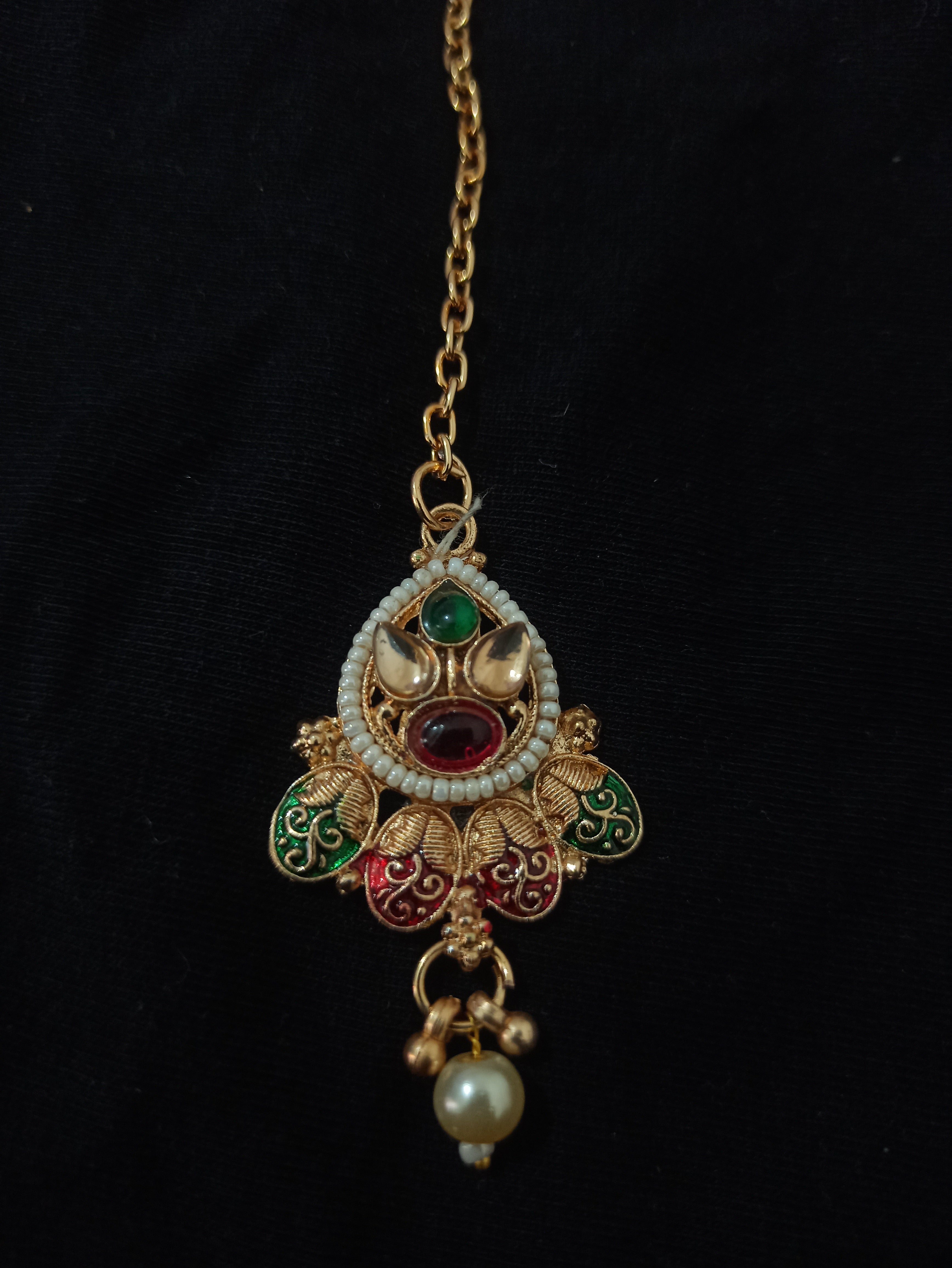 Traditional South Indian 2-Piece Jewellery Set – Earrings & Maang Tika with Floral Long Chain & Pearl Drops