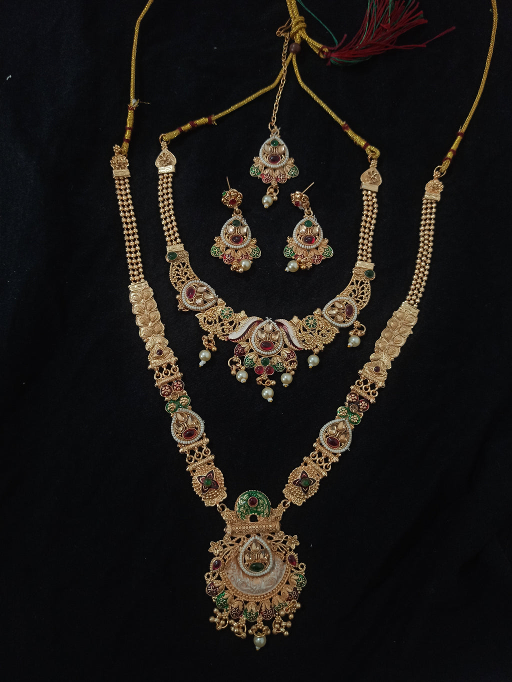 Traditional South Indian 2-Piece Jewellery Set – Earrings & Maang Tika with Floral Long Chain & Pearl Drops