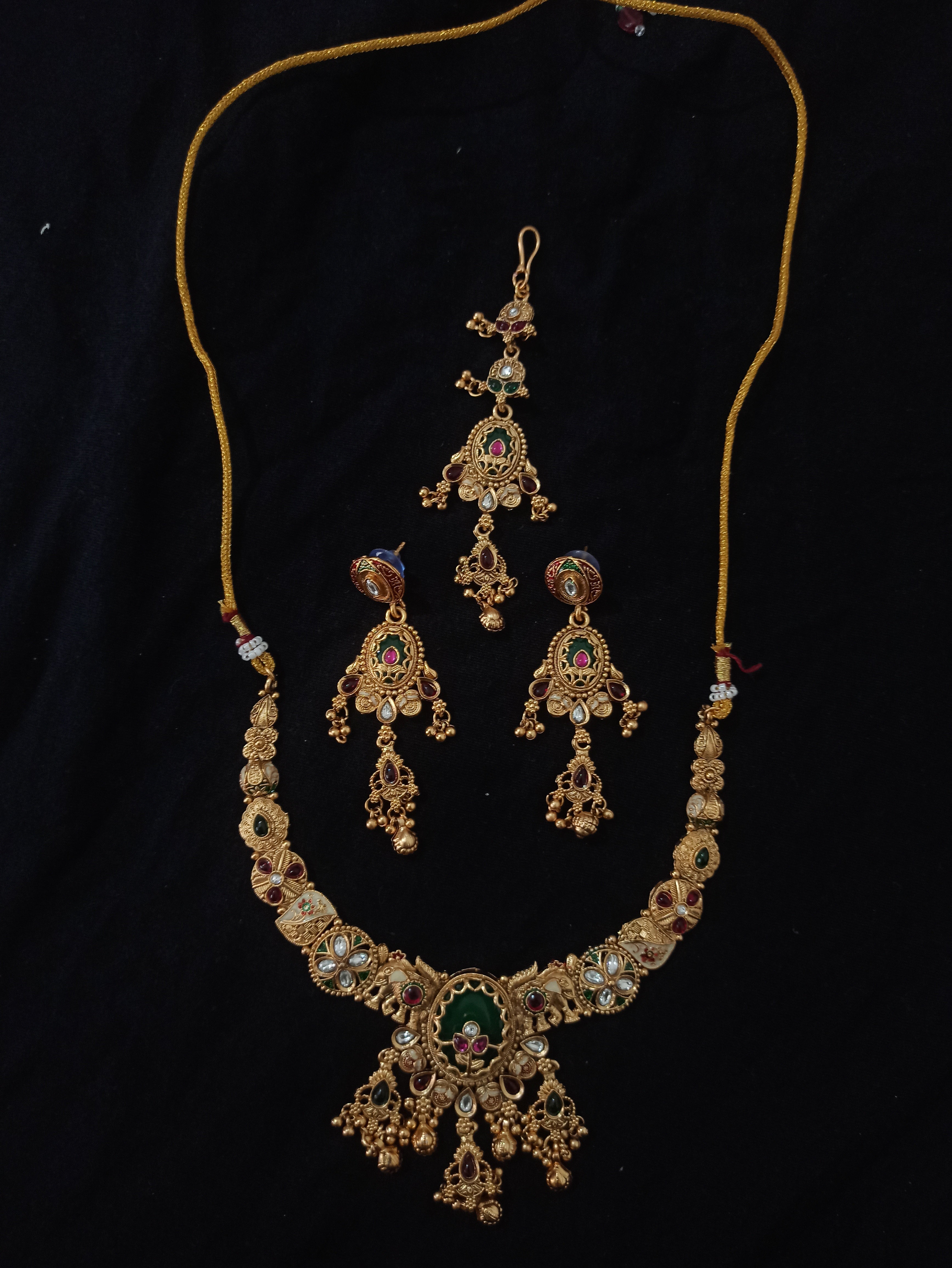 Rajwadi Copper Plated Heavy Traditional Jewellery Set for Women – Earrings & Maang Tika with Rani Haar