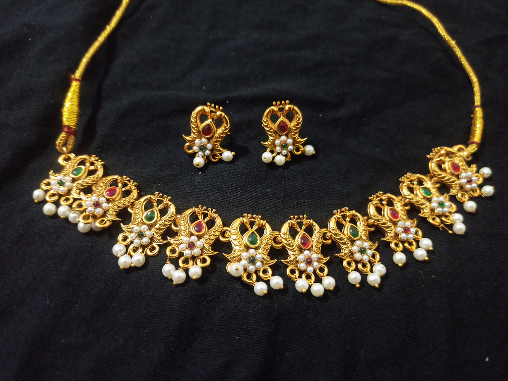 Peacock Motif Gold-Tone Choker Necklace Set with Pearl Drops & Earrings for Women