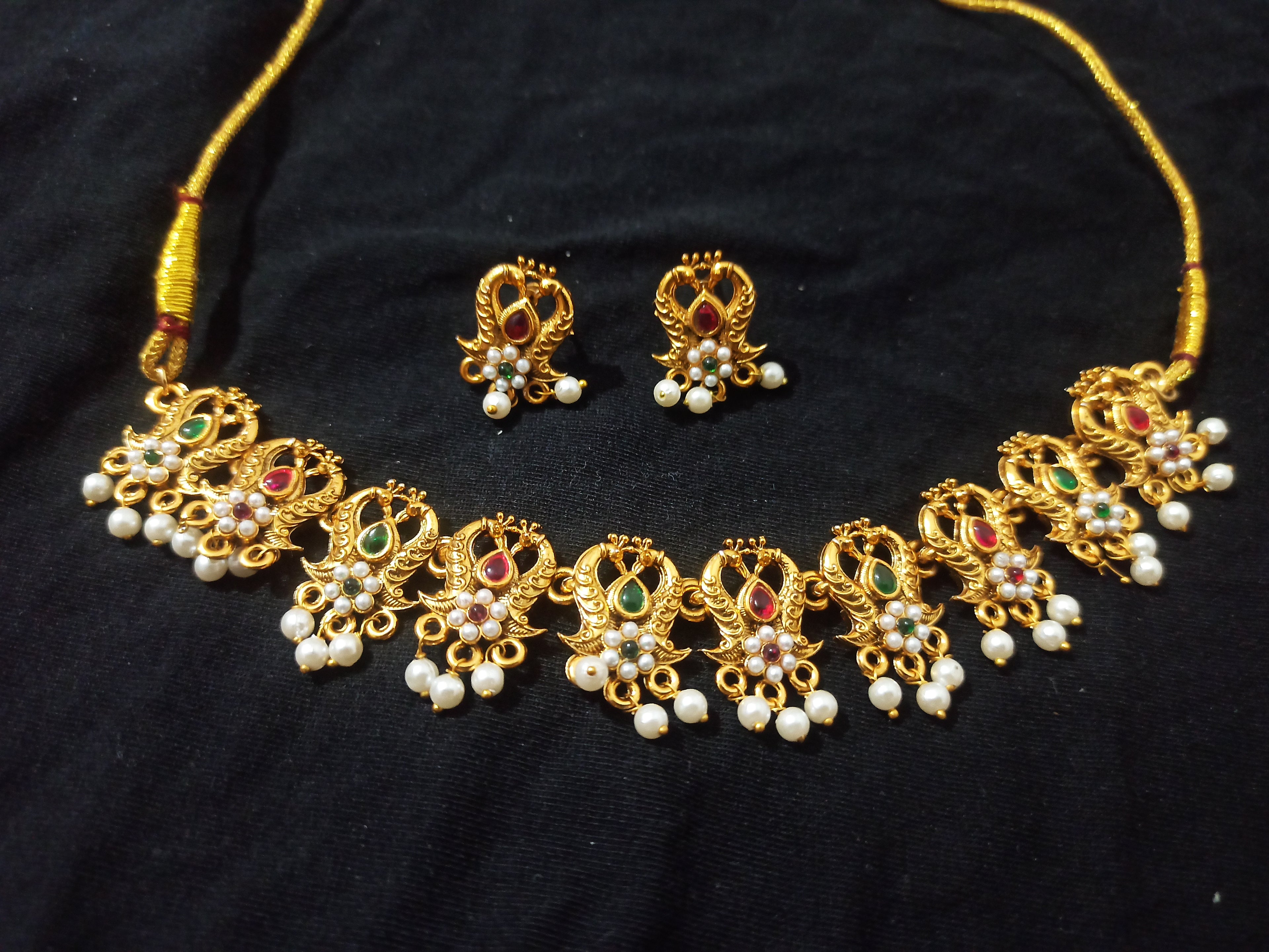 Peacock Motif Gold-Tone Choker Necklace Set with Pearl Drops & Earrings for Women