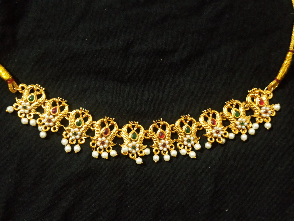Peacock Motif Gold-Tone Choker Necklace Set with Pearl Drops & Earrings for Women