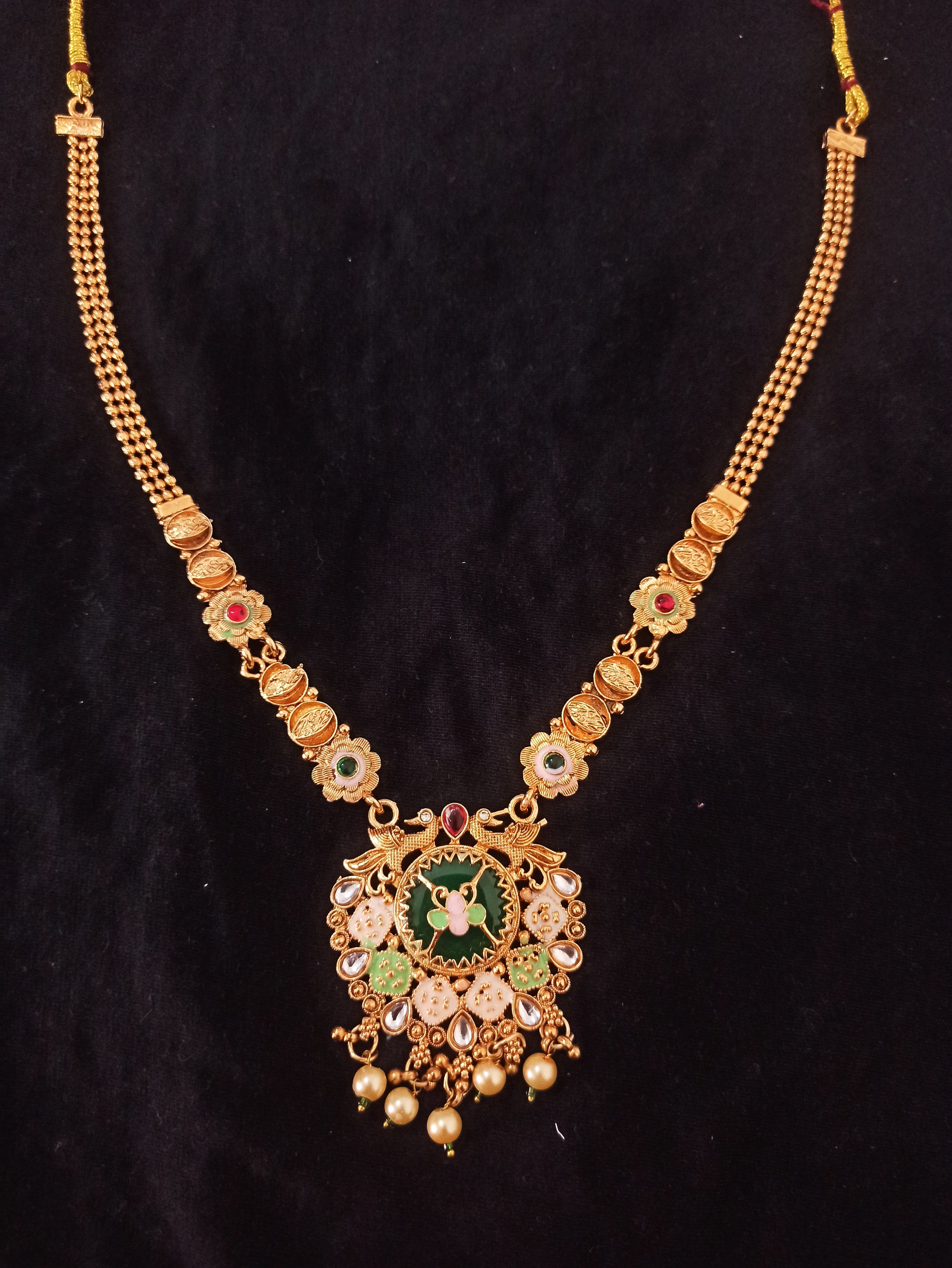 Antique Gold Long Necklace Set with Emerald Meenakari Peacock Pendant, Kundan Polki Stones, Pearl Drops & Matching Earrings for Women