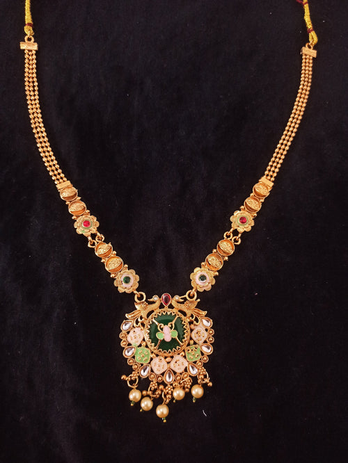 Antique Gold Long Necklace Set with Emerald Meenakari Peacock Pendant, Kundan Polki Stones, Pearl Drops & Matching Earrings for Women