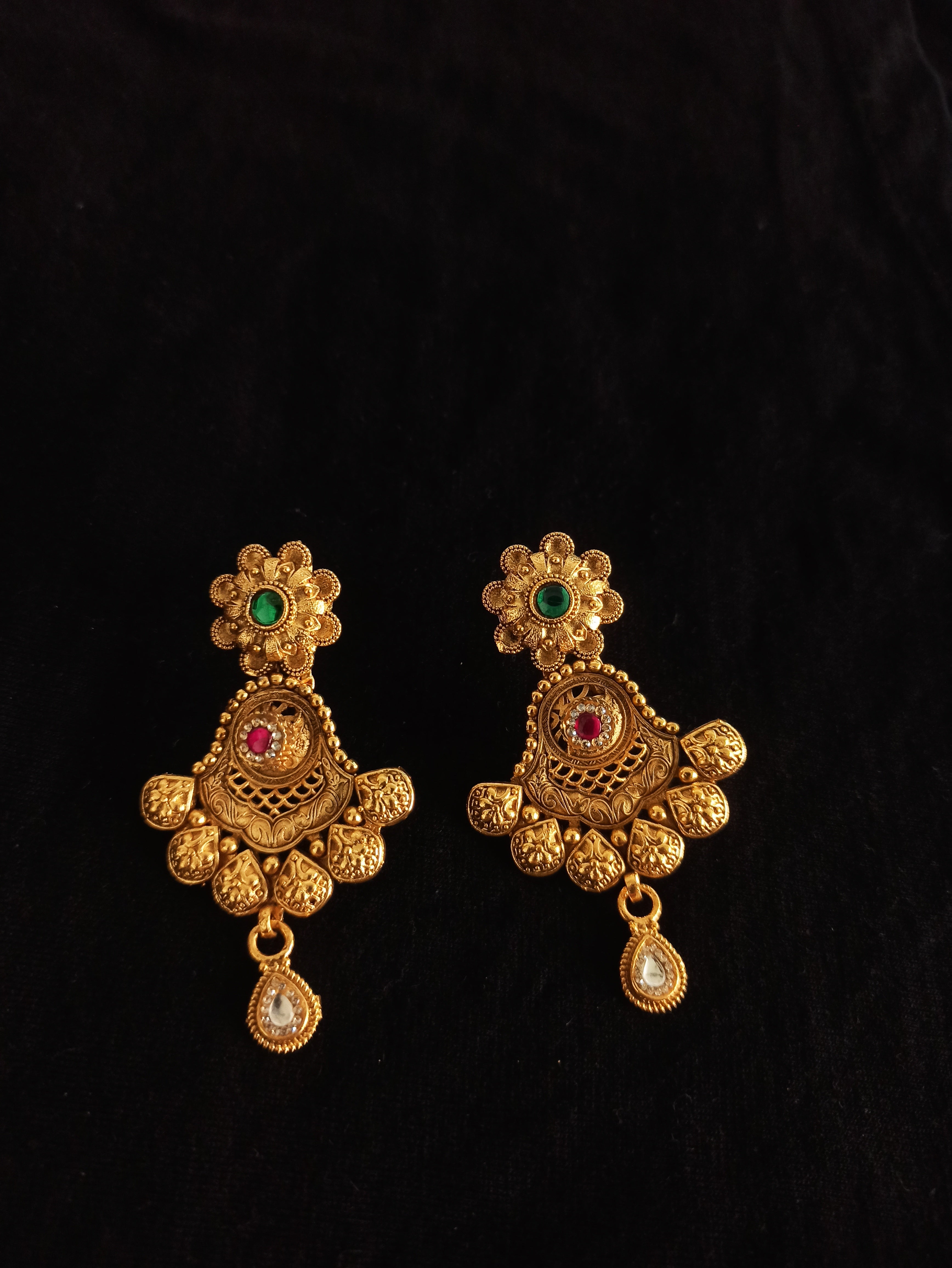 Antique Gold Double Strand Bridal Necklace Set with Chandbali Earrings – Ruby, Emerald & Polki Stone Jewellery for Women
