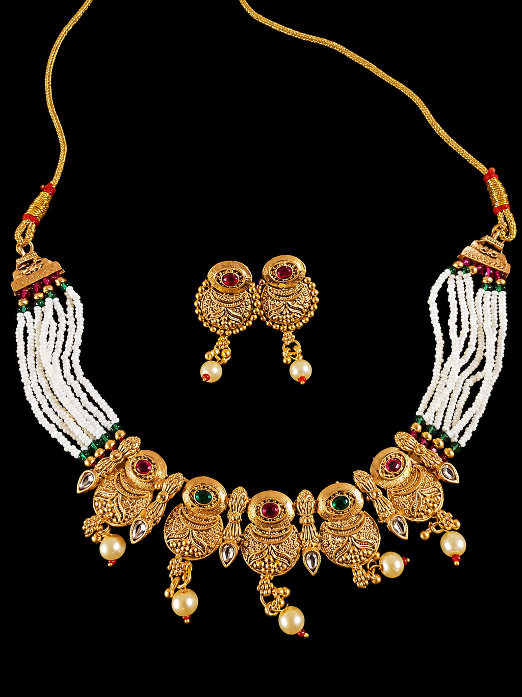 Antique Gold Filigree Necklace Set with Pearl Drops & Multi-Strand White Bead Chain