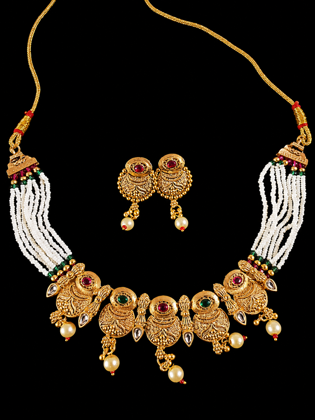 Antique Gold Filigree Necklace Set with Pearl Drops & Multi-Strand White Bead Chain