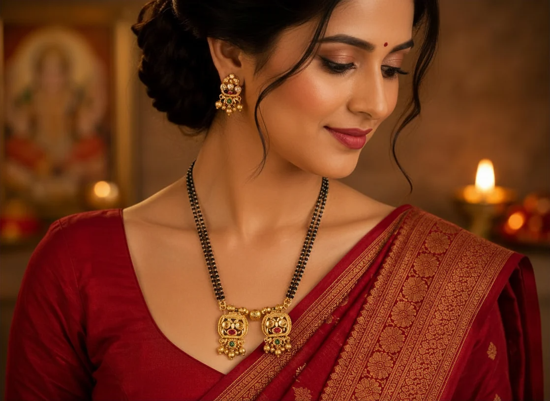 Antique Gold Kundan Mangalsutra with Ruby & Emerald colour Stones and Double Black Bead Chain