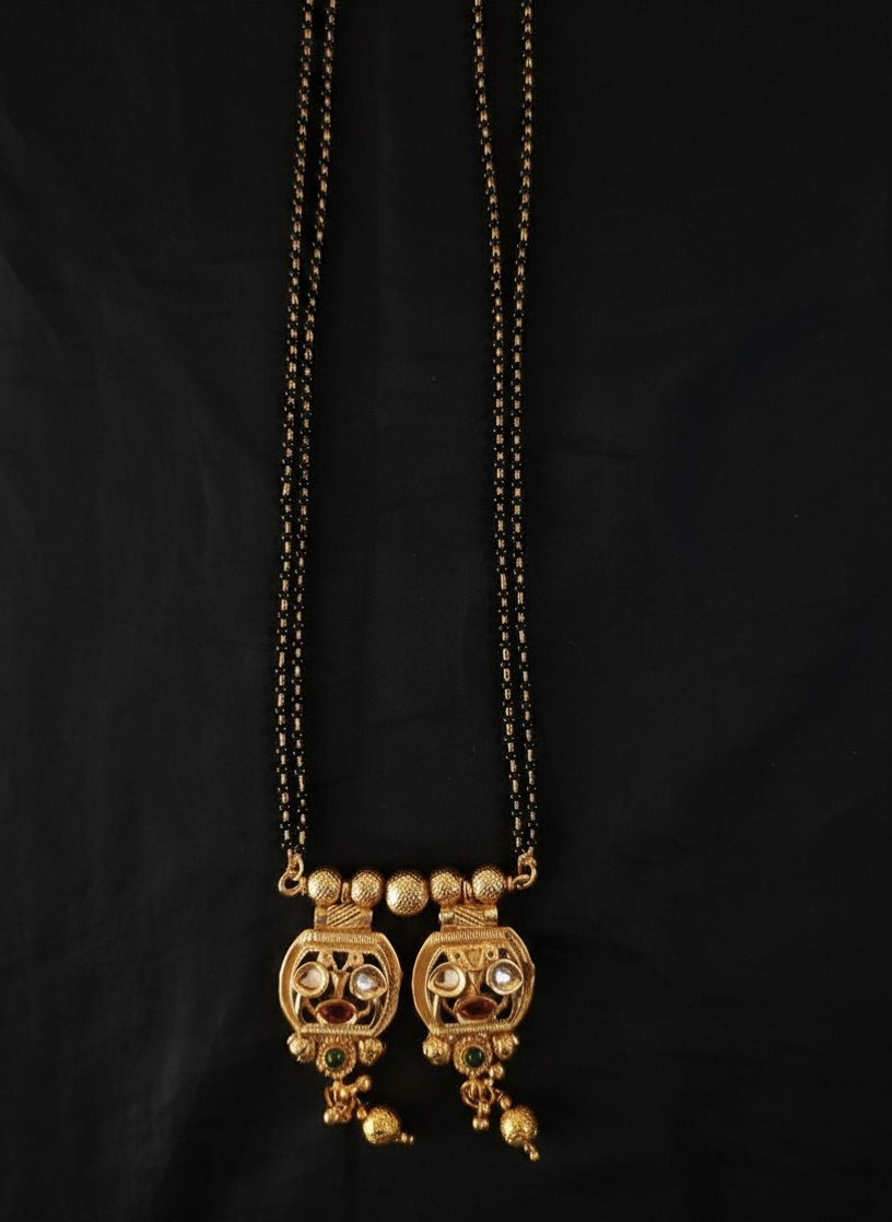 Antique Gold Kundan Mangalsutra with Ruby & Emerald colour Stones and Double Black Bead Chain