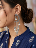 Oxidised Silver Crescent Moon Chandbali Earrings with Cascading Jhumki & Pearl Drops