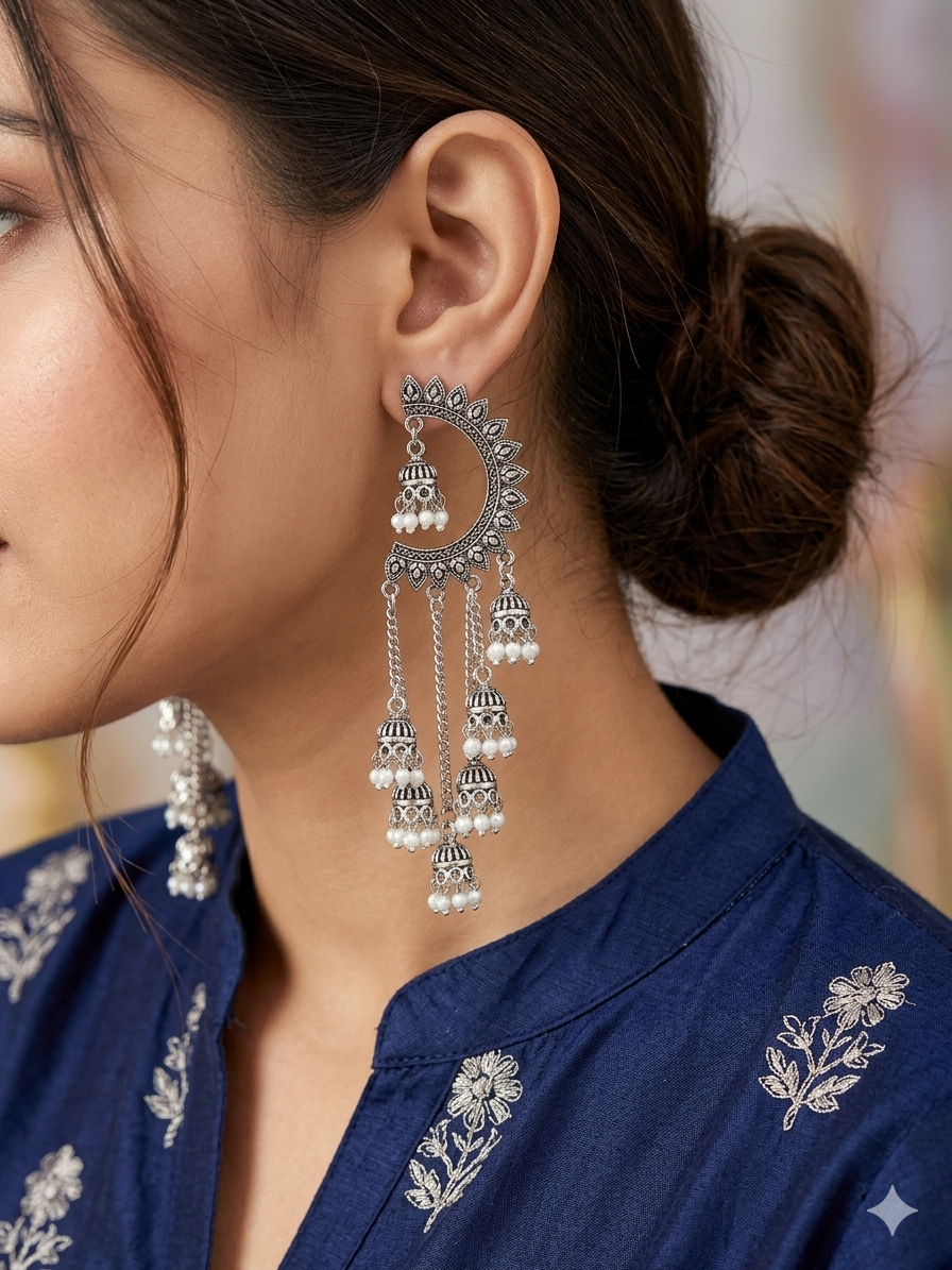 Oxidised Silver Crescent Moon Chandbali Earrings with Cascading Jhumki & Pearl Drops