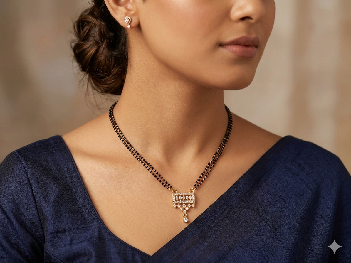 Gold Plated CZ Crown Pendant Mangalsutra with single Black Bead Chain