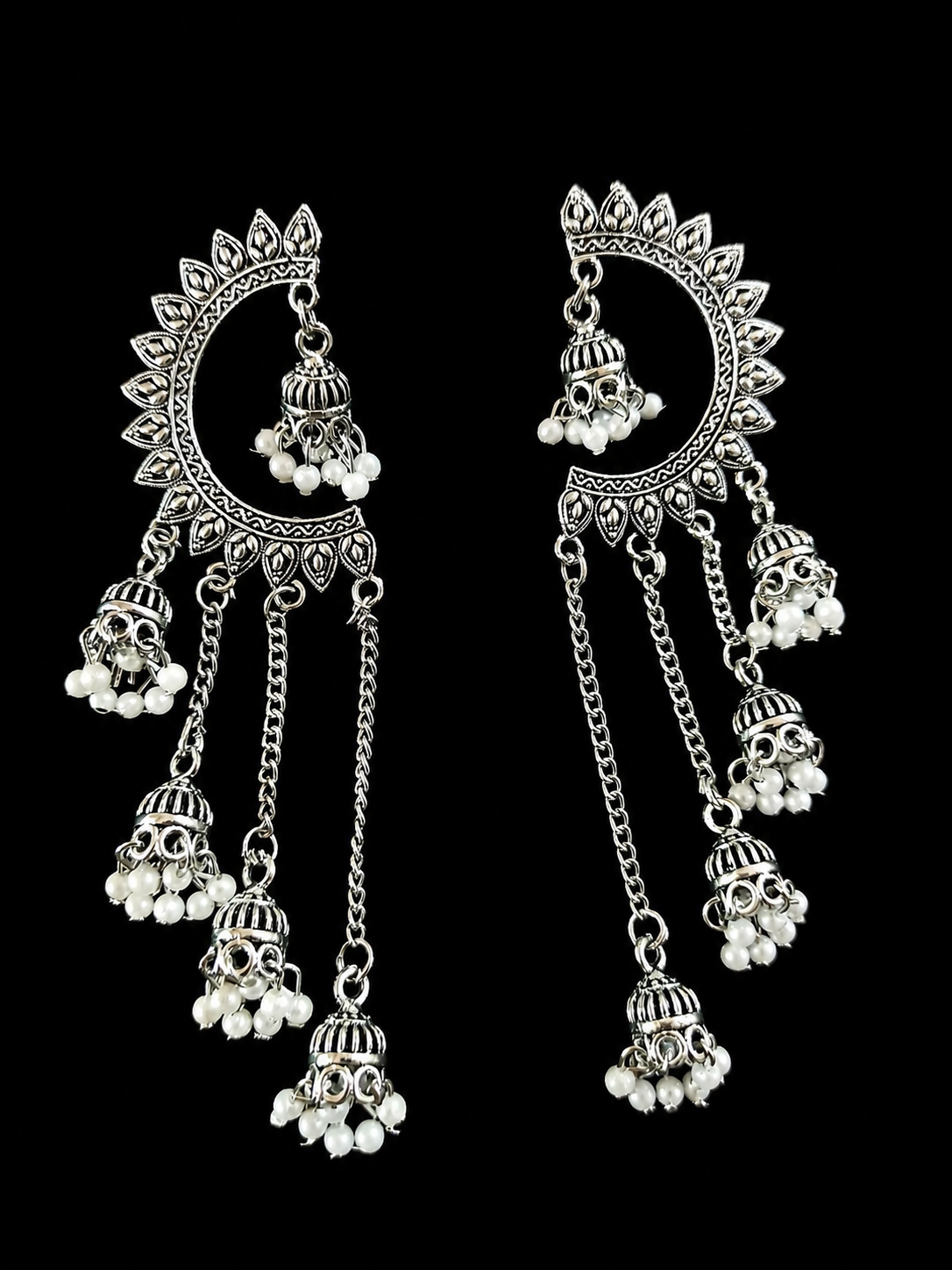 Oxidised Silver Crescent Moon Chandbali Earrings with Cascading Jhumki & Pearl Drops