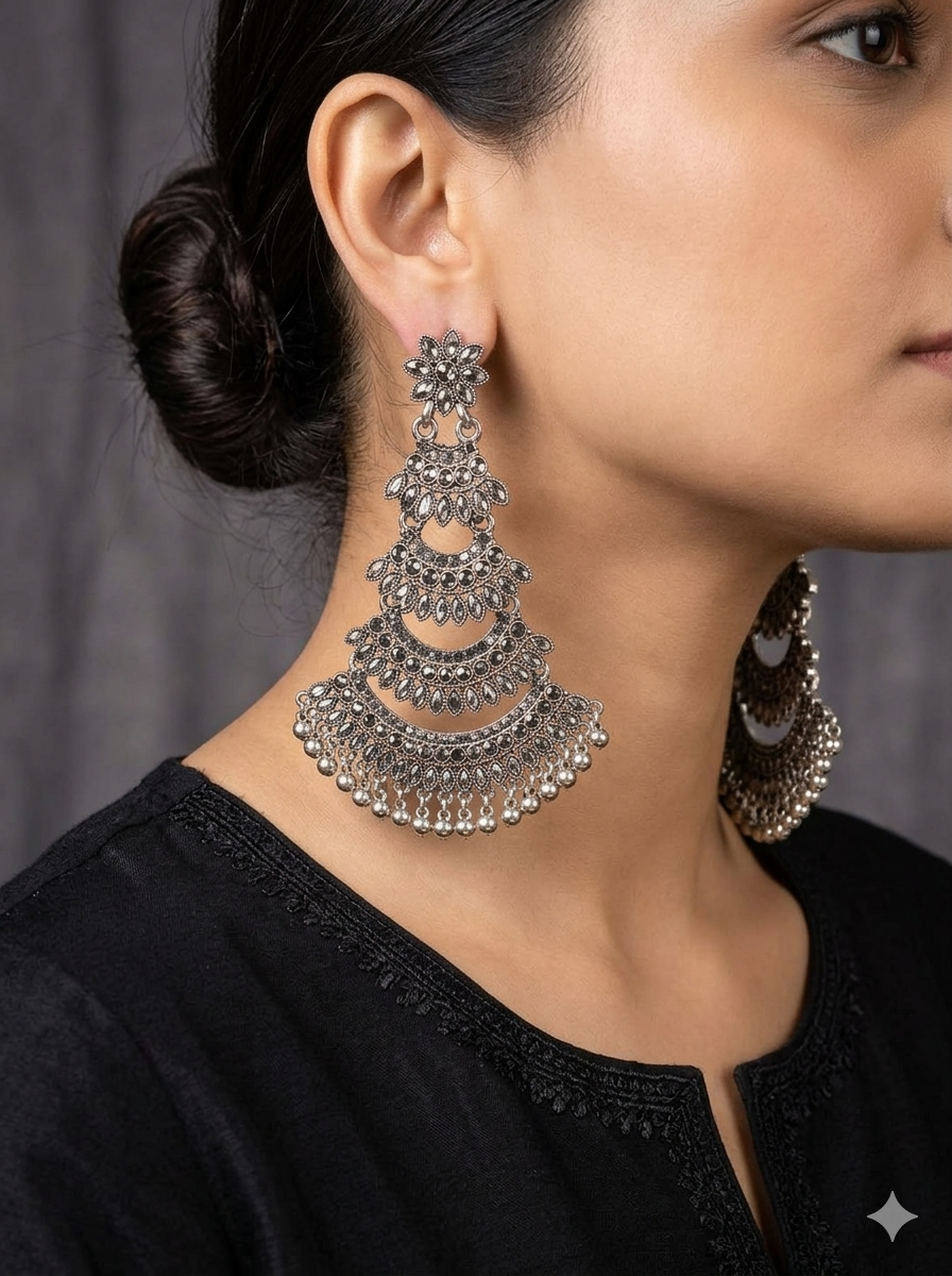 Oxidised Silver Layered Chandbali Earrings with Ghungroo Drops