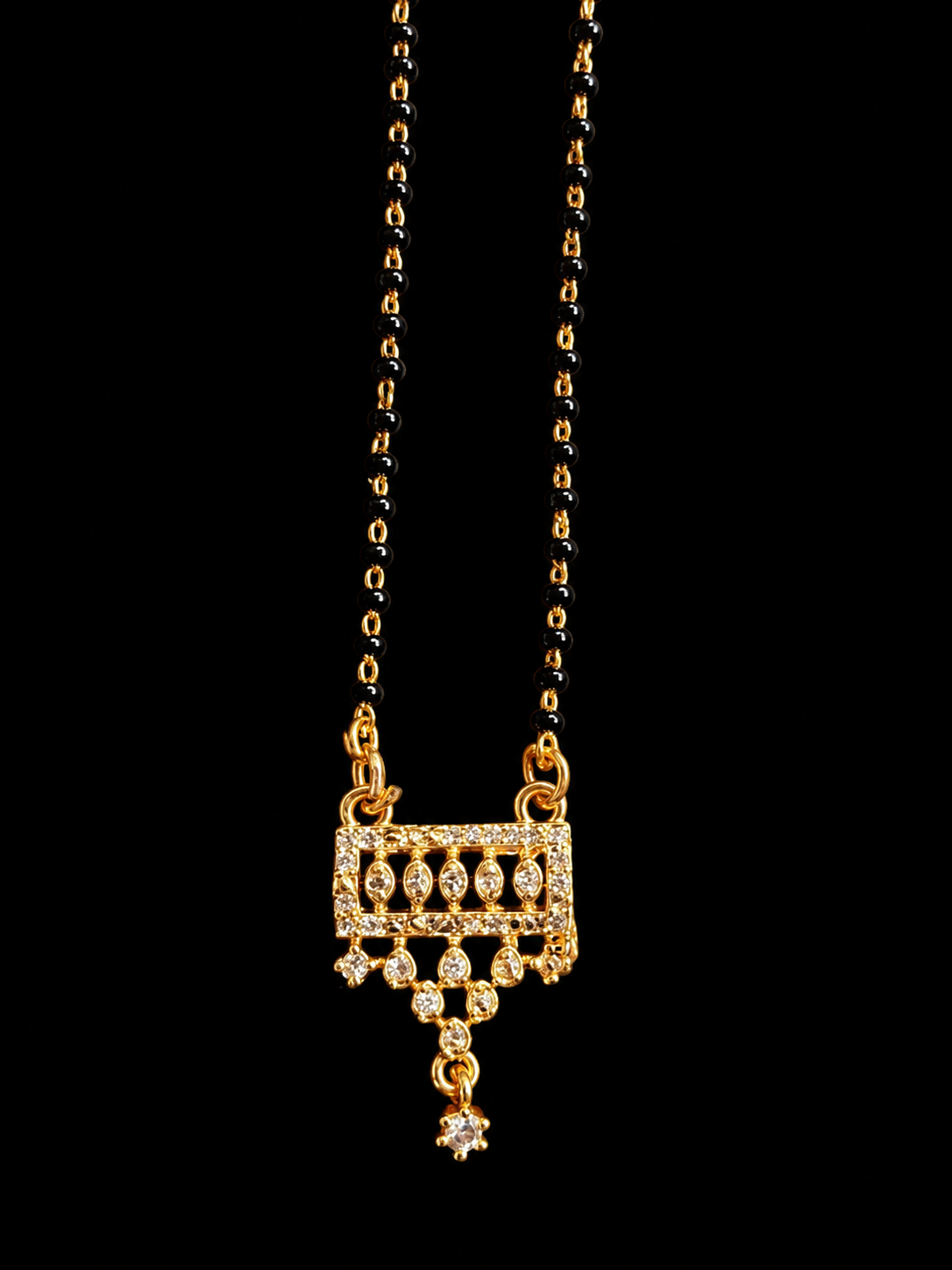 Gold Plated CZ Crown Pendant Mangalsutra with single Black Bead Chain