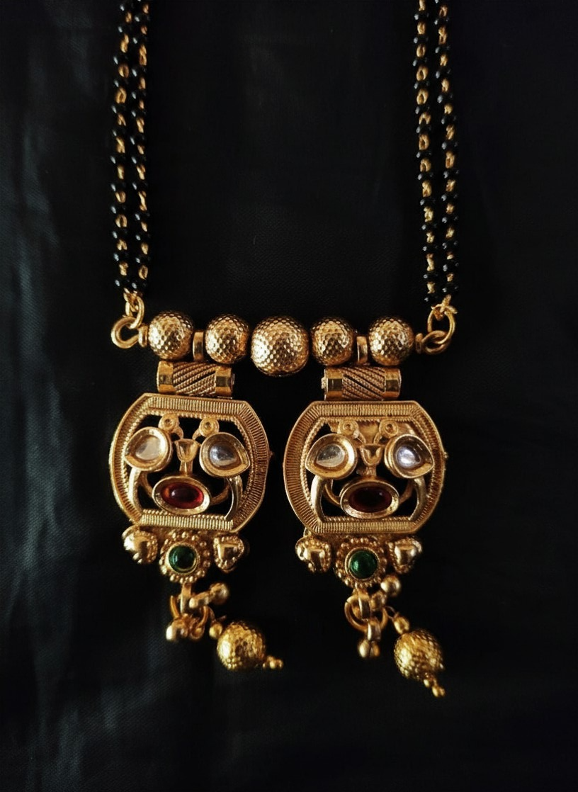 Antique Gold Kundan Mangalsutra with Ruby & Emerald colour Stones and Double Black Bead Chain
