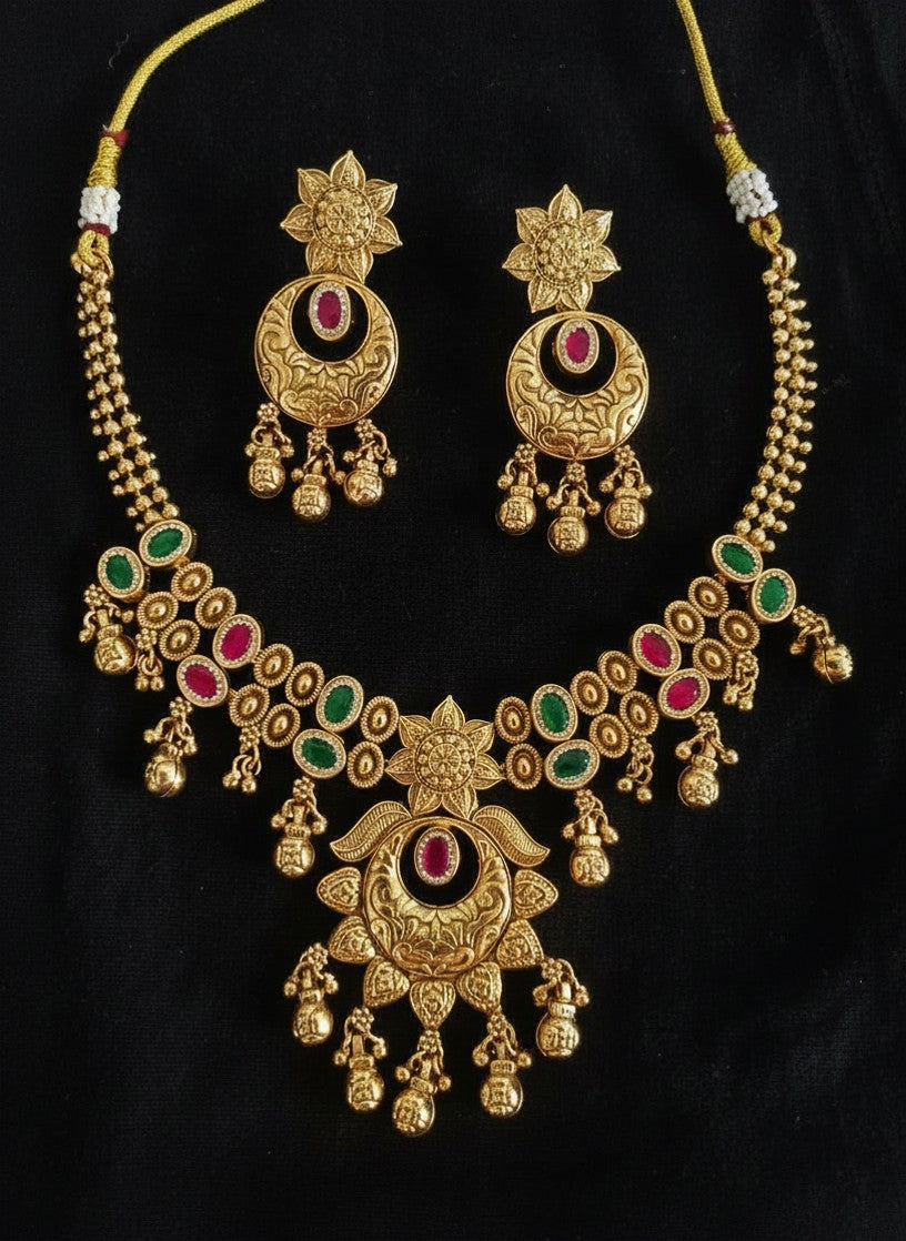 Antique Gold Temple Lotus Necklace Set with Ghungroo Drops, Ruby & Emerald Stones & Chandbali Earrings for Women