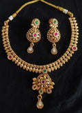 Antique Gold Leaf Motif Necklace Set with Floral Centre, Ruby & Emerald Stones & Chandbali Earrings for Women