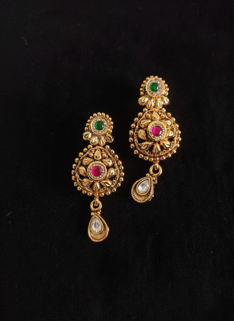 Antique Gold Leaf Motif Necklace Set with Floral Centre, Ruby & Emerald Stones & Chandbali Earrings for Women