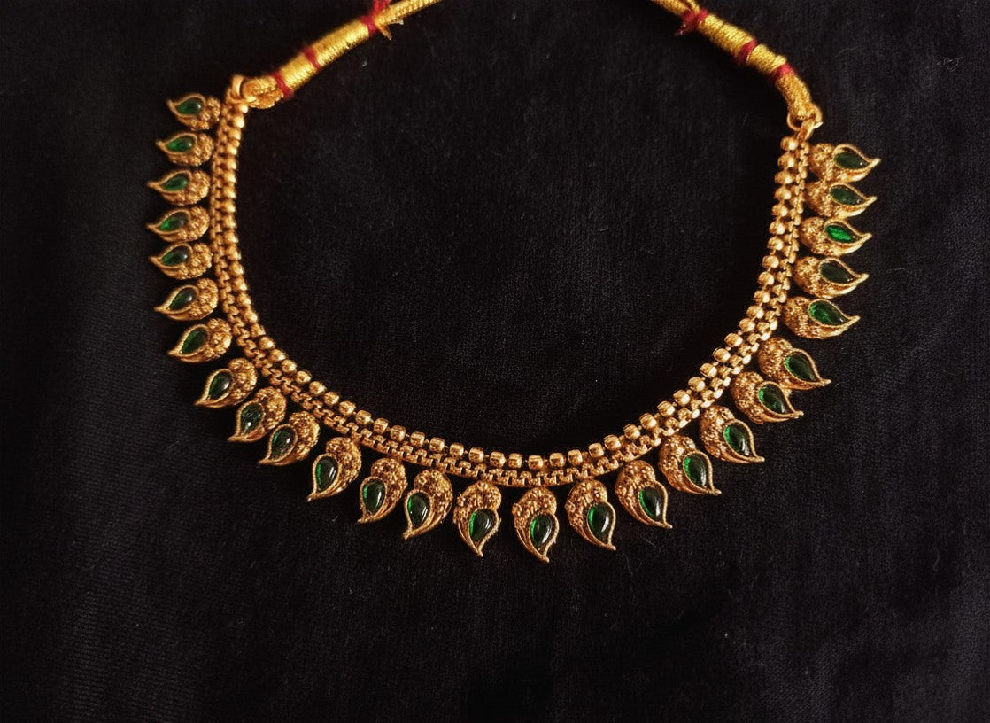 Kerala Antique Gold Manga Necklace Set with Emerald Stones & Matching Earrings for Women