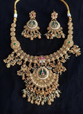 Heavy Antique Gold Filigree Bridal Necklace Set with Emerald Crescent Pendant, Pearl Drops & Chandbali Earrings for Women