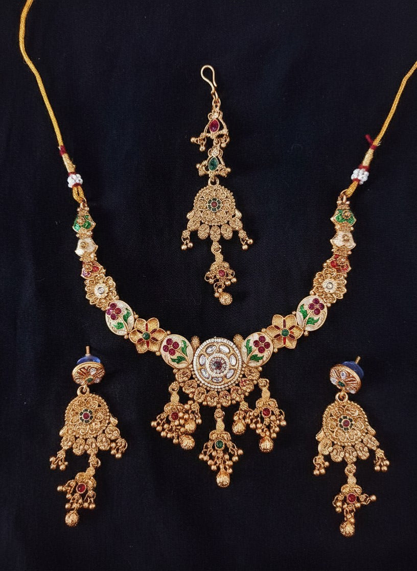 Rajasthani Meenakari 4-Piece Bridal Set – Necklace with Polki Pendant, Heavy Jhumki Earrings & Antique Gold Maang Tika for Women