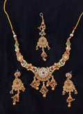 Rajasthani Meenakari 4-Piece Bridal Set – Necklace with Polki Pendant, Heavy Jhumki Earrings & Antique Gold Maang Tika for Women