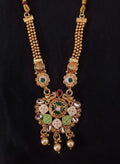 Kundan Meenakari Cross Pendant Necklace Set with Multi-Strand Gold Bead Chain, Pearl Drops & Earrings for Women
