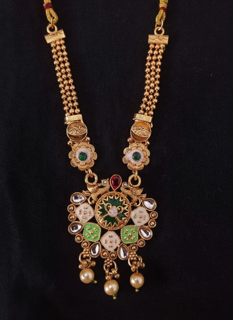 Kundan Meenakari Cross Pendant Necklace Set with Multi-Strand Gold Bead Chain, Pearl Drops & Earrings for Women