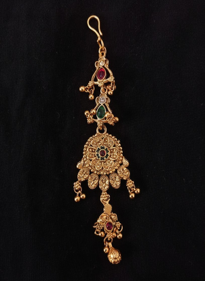Rajasthani Meenakari 4-Piece Bridal Set – Necklace with Polki Pendant, Heavy Jhumki Earrings & Antique Gold Maang Tika for Women