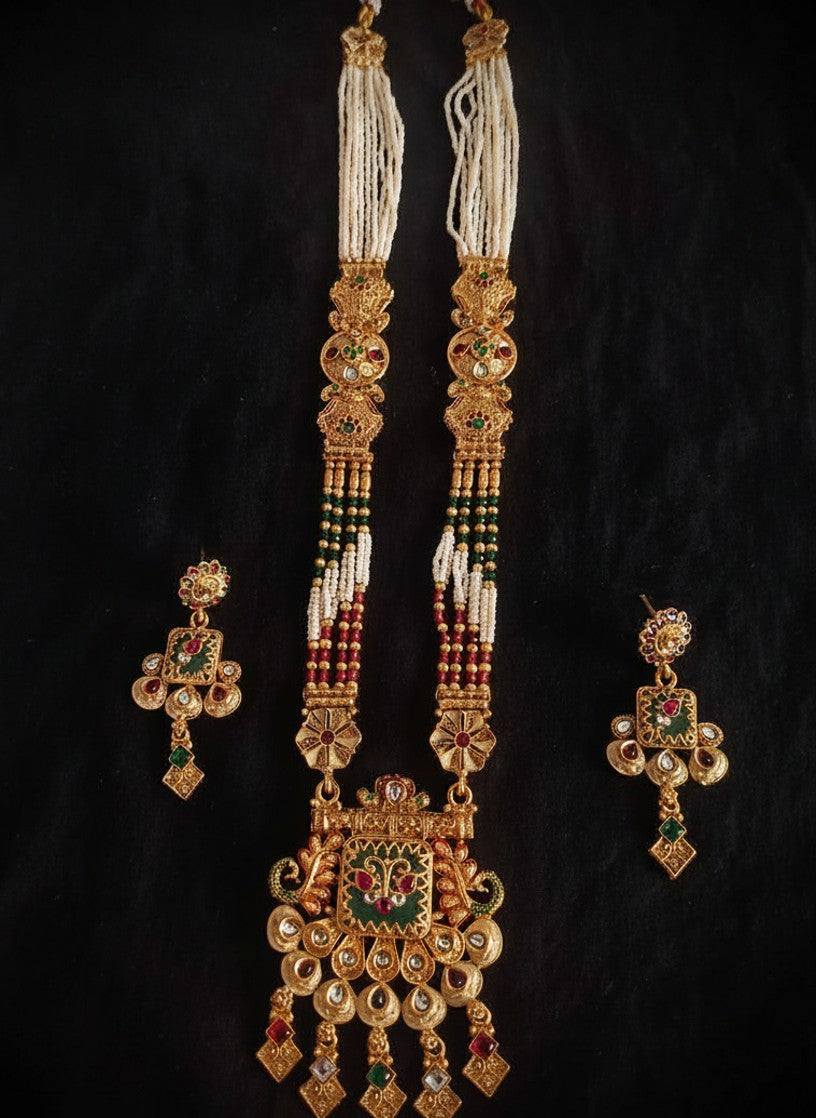 Rajasthani Meenakari Long Rani Haar with Multi-Strand Pearl & Bead Chains, Polki Drops & Matching Earrings for Women
