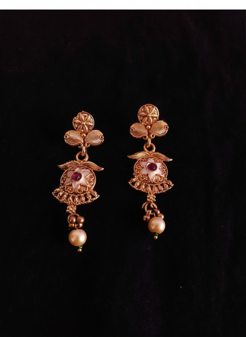 Kundan Meenakari Cross Pendant Necklace Set with Multi-Strand Gold Bead Chain, Pearl Drops & Earrings for Women