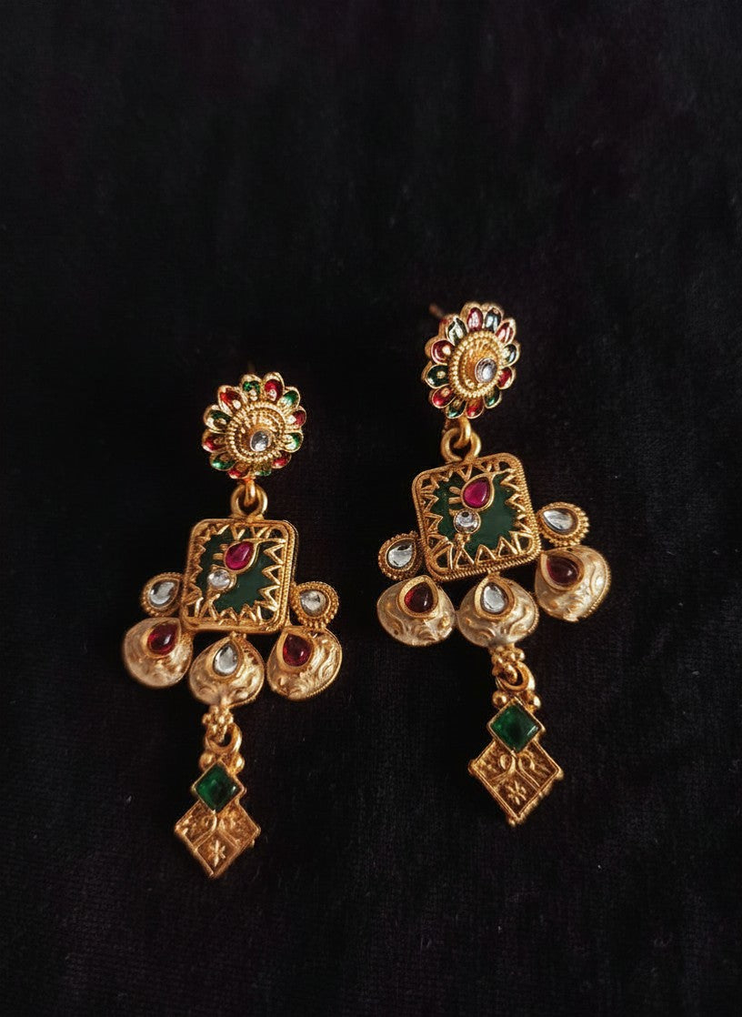 Rajasthani Meenakari Long Rani Haar with Multi-Strand Pearl & Bead Chains, Polki Drops & Matching Earrings for Women