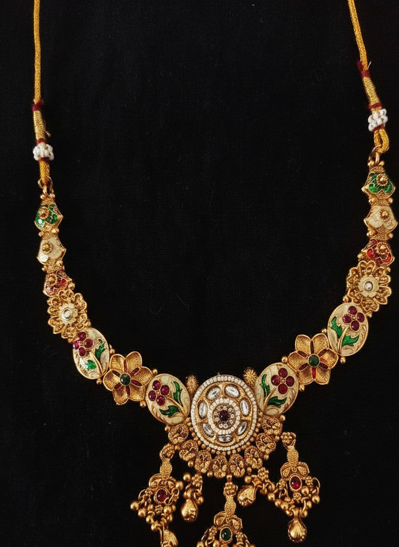 Rajasthani Meenakari 4-Piece Bridal Set – Necklace with Polki Pendant, Heavy Jhumki Earrings & Antique Gold Maang Tika for Women