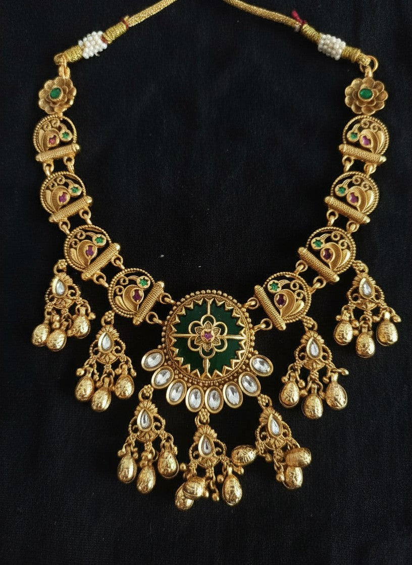 Kundan Meenakari Necklace Set with Emerald Star Disc Pendant, Polki Stones, Gold Ghungroo Drops & Chandbali Earrings for Women
